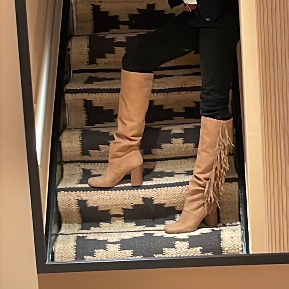 Sam Edelman vegan leather high fringe boot with stacked wood heel, rubber sole